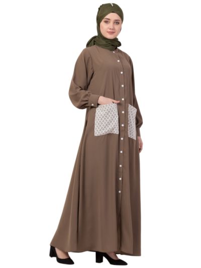  Front Open white  patch pocket Casual Abaya