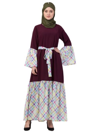  Bell Sleeve Printed Checks Casual Abaya