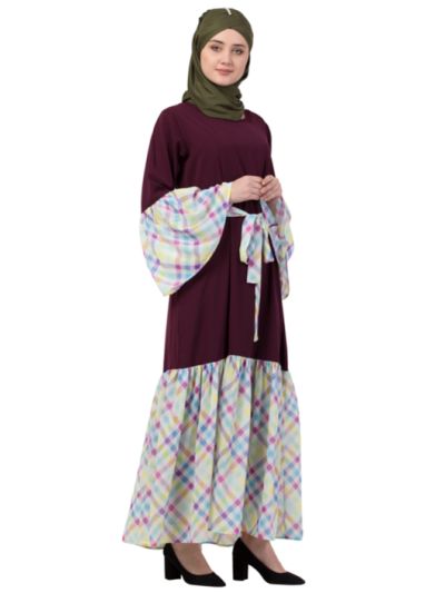  Bell Sleeve Printed Checks Casual Abaya
