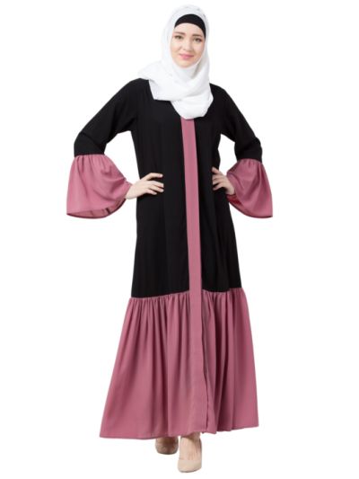 Front Open Contrast bottom, Placket and Bell Sleeve Abaya