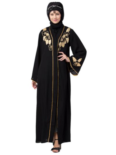  Front Balck & Sleeve Embroidered Front Open Abaya