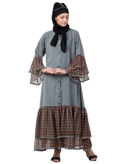 Printed frill & bell sleeve  Front open Abaya