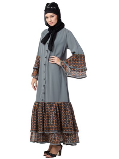 Printed frill & bell sleeve  Front open Abaya