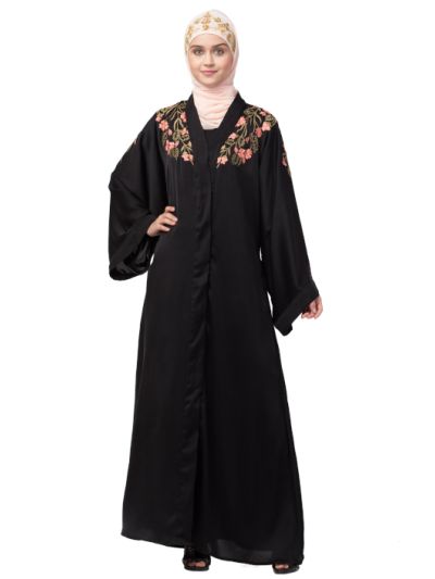 Front to Back Resham Embroidery Front Open Abaya