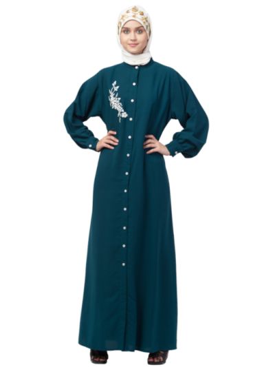 Front Open Side Embroidery Contrast Button Abaya