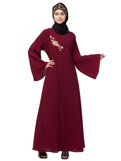 Side Resham Embroidery Bell Sleeve A line Abaya