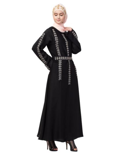 Front Back Sleeve & Belt Hand Embroidery A line Abaya