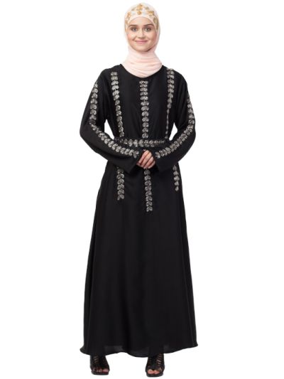 Front Back Sleeve & Belt Hand Embroidery A line Abaya