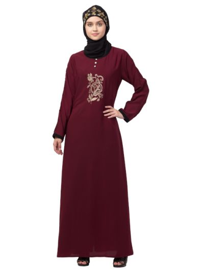 Center Embroidery Contrast Piping Abaya