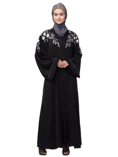 Front to Back Resham Embroidery Front Open Abaya