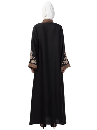 Front & Sleeve Resham Embroidery Contrast Band Front Open Abaya