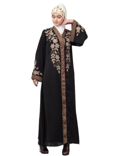 Front & Sleeve Resham Embroidery Contrast Band Front Open Abaya