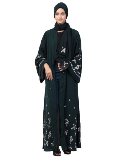 Front Open Front Back Sleeve with Hijab Embroidered Abaya Cum Kaftan