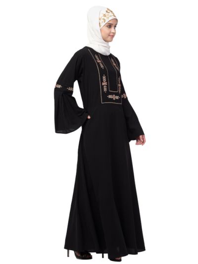 Yoke Embroidered Pleated Bell Sleeve Flare Abaya