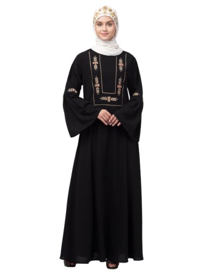Yoke Embroidered Pleated Bell Sleeve Flare Abaya