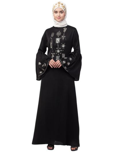 Hand Embroidery On Front & Bell Sleeve A Line Abaya