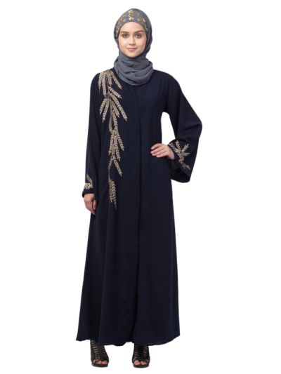 One Side & Sleeve Resham Embroidery Front Open Abaya