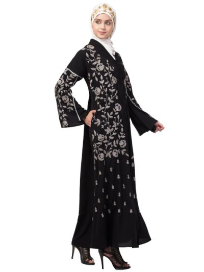 Full Zari Embroidered Front Open Part Abaya