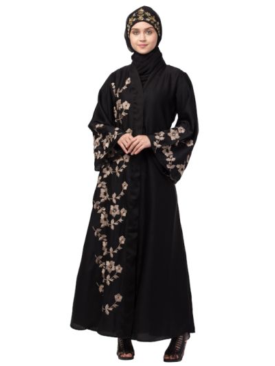 Right Side & Both Sleeve Resham Embroidery Front Open Abaya