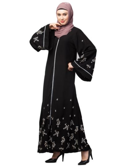 Front Open Front & Sleeve Embroidered Abaya Cum Kaftan