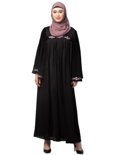 Pleats At Chest With Bell Sleeve Embroidery Abaya