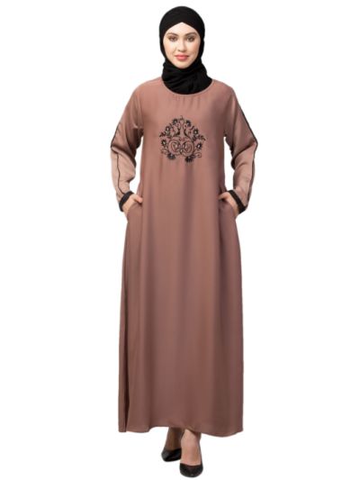 Embroidery At Front Contrast Piping Casual Abaya