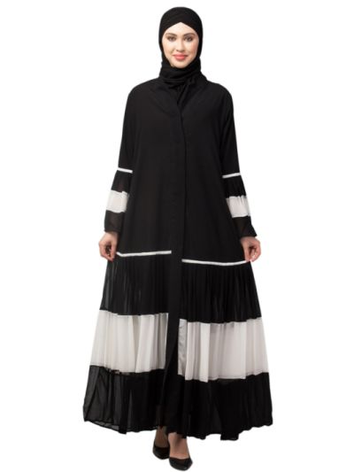 Contrast Pleated At Sleeve & Bottom Front Open Abaya