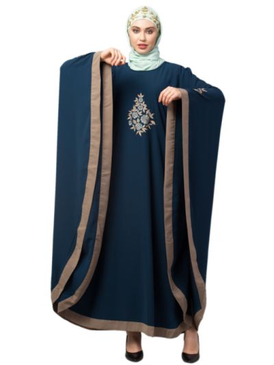 Contrast Border Front & Sleeve Embroidery Kaftan
