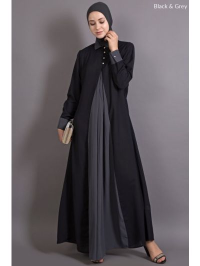 Black & Grey Contrast Yoke Casual Abaya