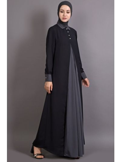 Black & Grey Contrast Yoke Casual Abaya