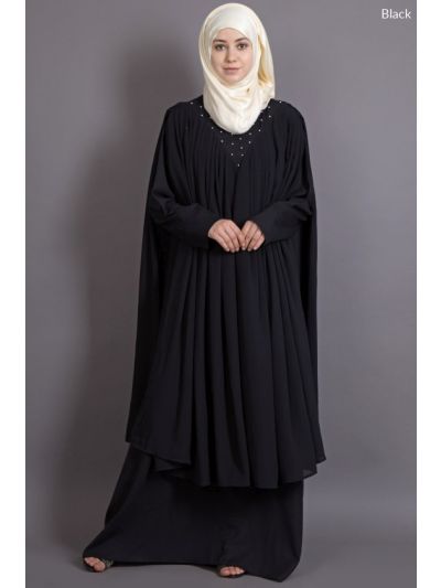 Black Embroidered Neck Band Double Layer Abaya