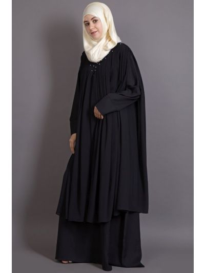 Black Embroidered Neck Band Double Layer Abaya