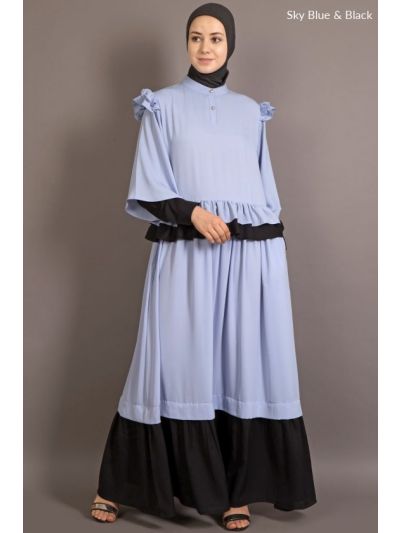 Sky Blue & Black Contrast Frilled Abaya
