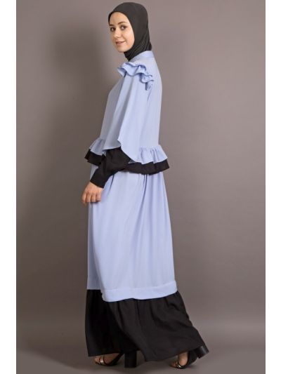 Sky Blue & Black Contrast Frilled Abaya