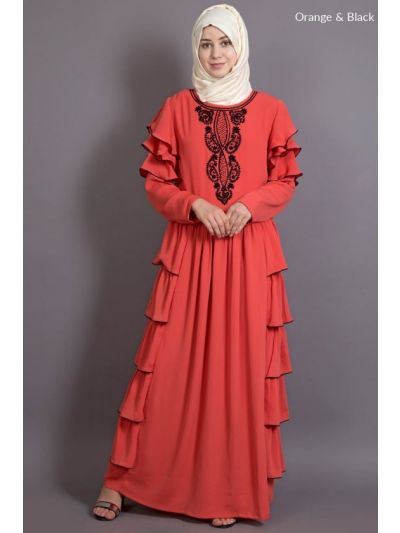 Orange Embroidered Frill Party Abaya