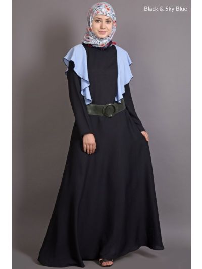 Black & Sky Blue Frill Casual Abaya