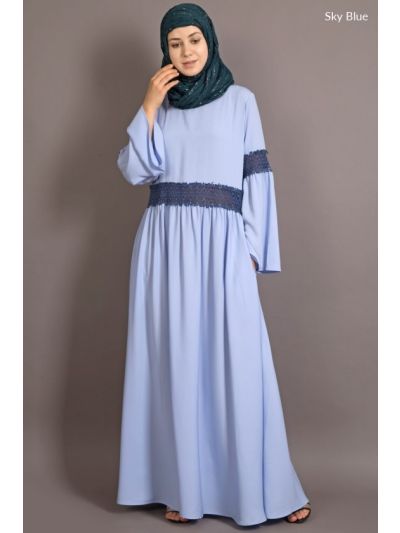 Sky Blue Lace At Waist And Sleeve Classic Abaya