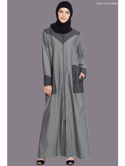 Black Denim Contrast Yoke Pocket Cuff Jilbab