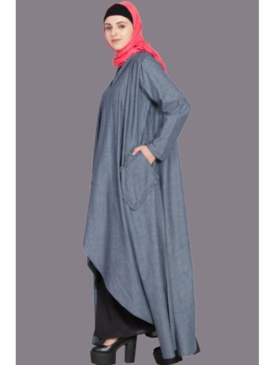 Denim Blue & Black Two Piece Frilled Pocket Abaya