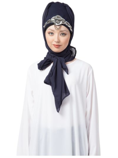 Ready to Wear Hand Work Navy Turban with attached Hijab