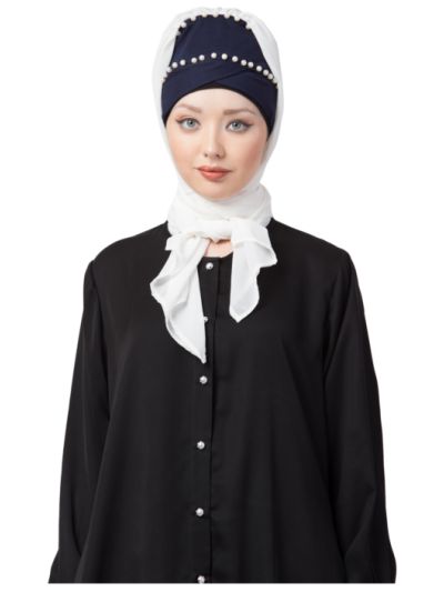 Ready to Wear Pearl Work Navy White Turban with attached Hijab