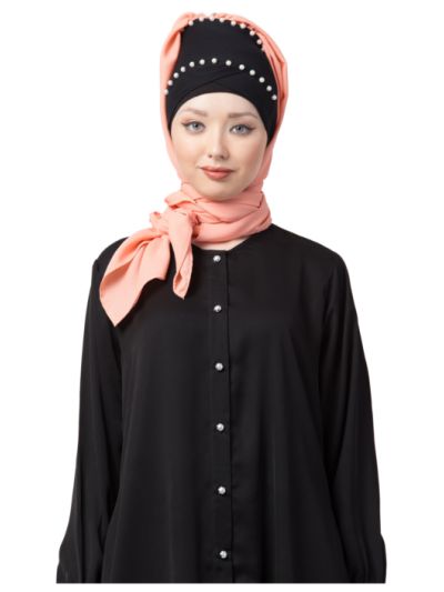 Ready to Wear Pearl Work Black Peach Turban with attached Hijab
