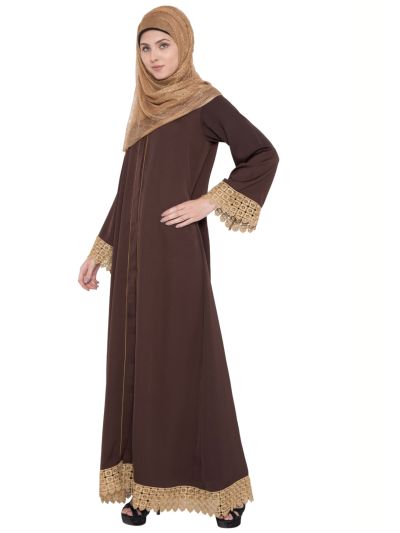 Brown & Golden Lace Front Open Abaya