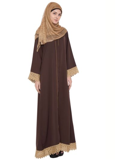 Brown & Golden Lace Front Open Abaya
