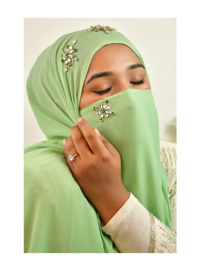 Aminah Pista Green Rhinestone Hijab With Matching Naqab