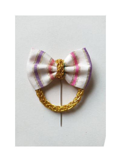White with Multicolor Lines & Golden Dori Handmade Bow Hijab Pin