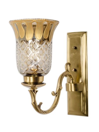 Rectangular Brass with Smoke Cut Glass Single Wall Sconce