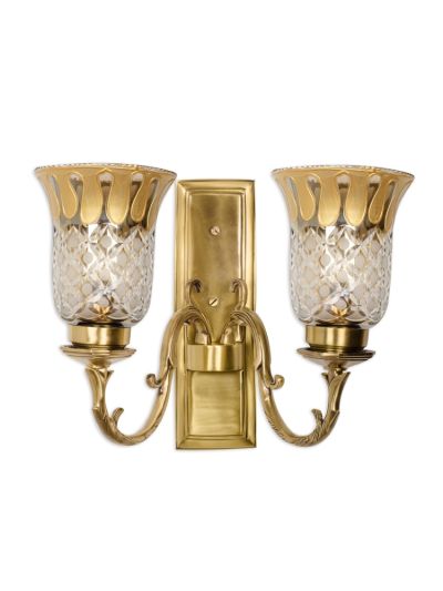 Rectangular Brass with Smoke Cut Glass Double Wall Sconce