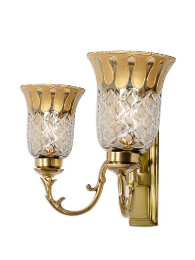 Rectangular Brass with Smoke Cut Glass Double Wall Sconce