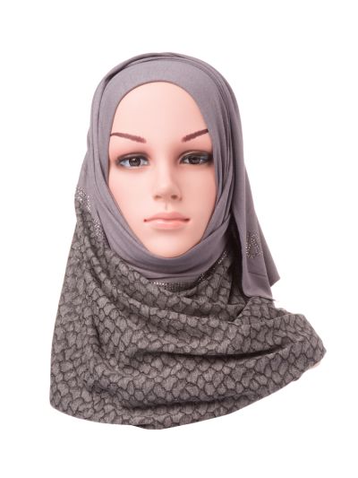 Jersey Crystal Centre Border Hijab (Charcoal Grey)